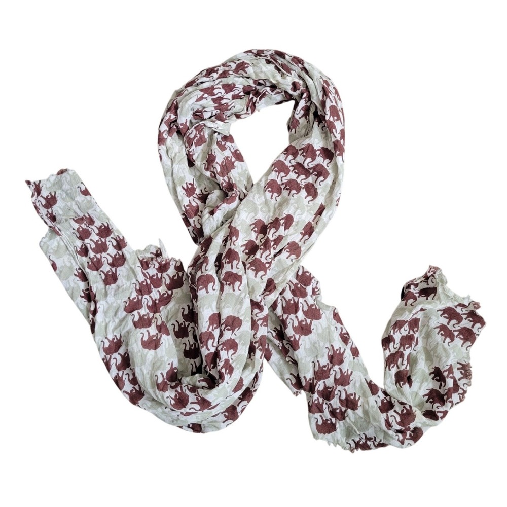 Tory Burch Elephant Print Scarf Brown Sage Green Viscose Lightweight Wrap Scarf